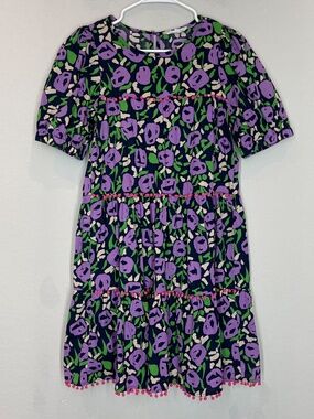 THML Dress Women's M Floral Short Puff Sleeves Pom Pom Trim